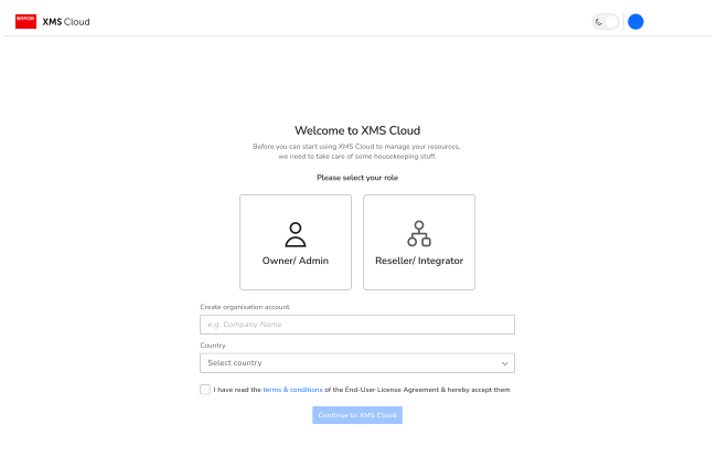 Welcome Screen XMS Cloud