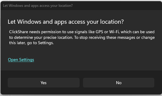 ClickShare Desktop App installation triggers “Location Services