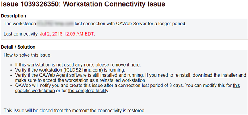 Connectivity issue detail