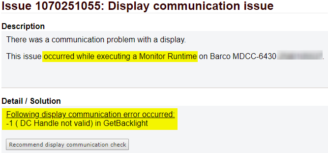 Display communication issue details